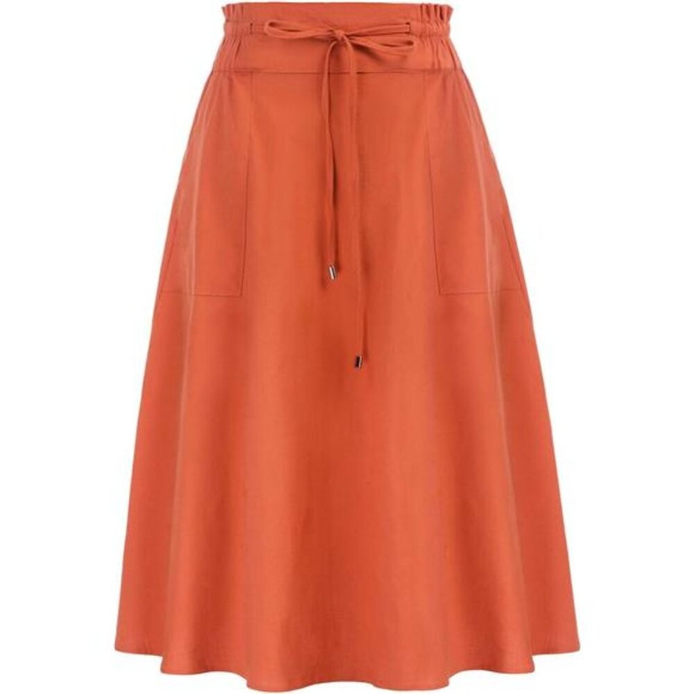 Women Casual Cotton Linen Skirts Frill Tie Waist A-Line Midi Skirt